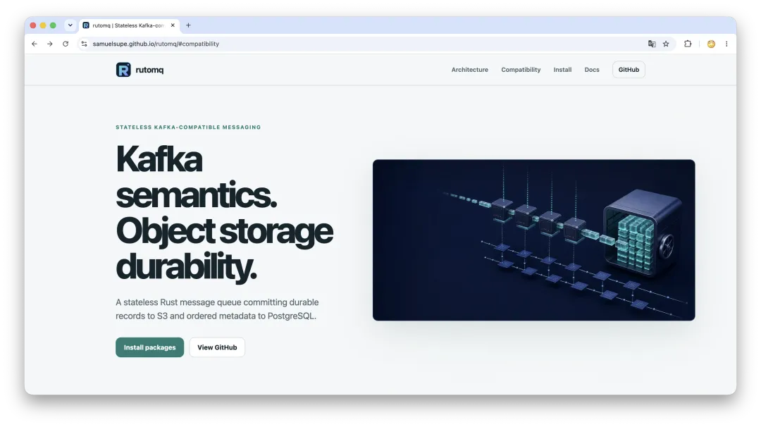 rutomq 官网展示的 Kafka 协议与对象存储架构