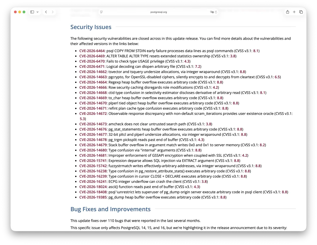 PostgreSQL 18.6 修复的 28 个安全漏洞