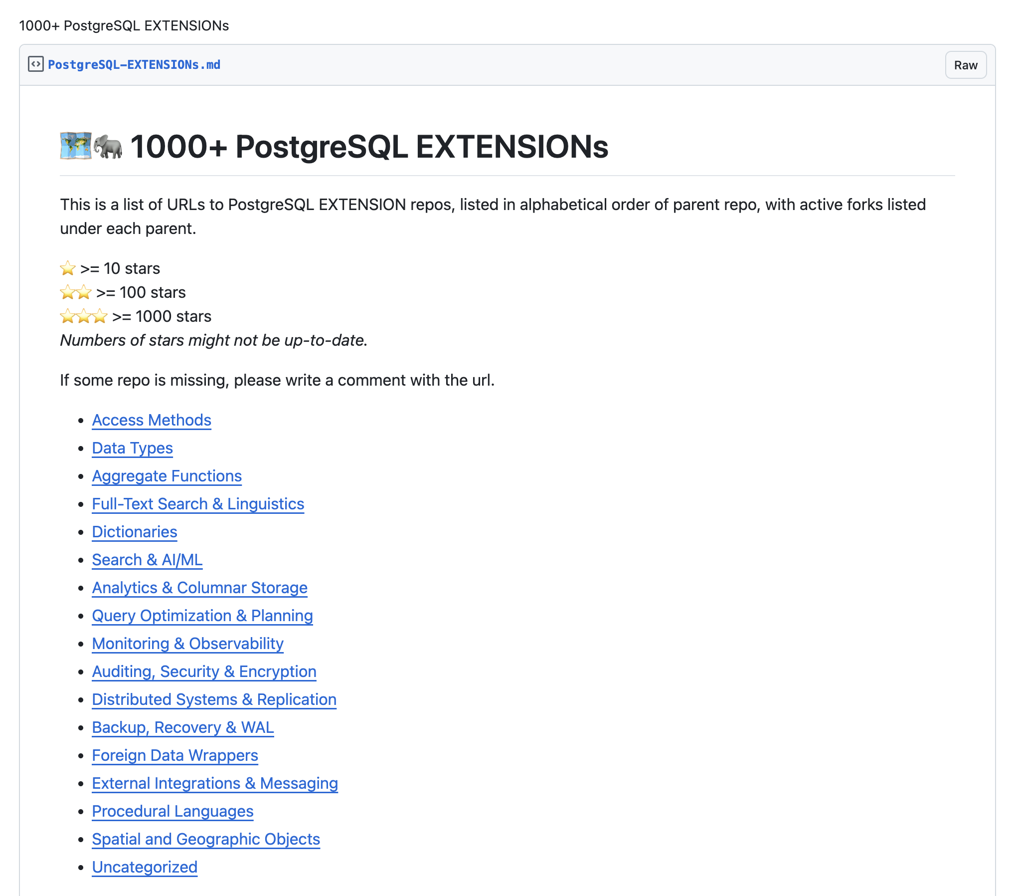 GitHub gist listing more than 1000 PostgreSQL extensions